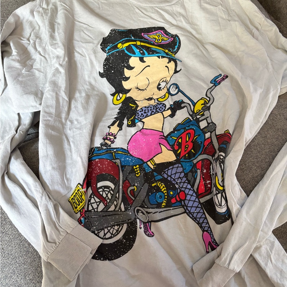 Betty Boop White Long-Sleeve Graphic Tee with Pink and Blue Motif